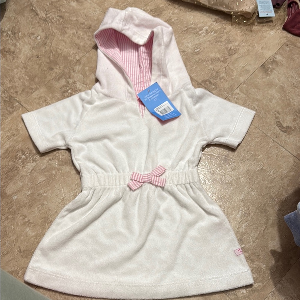 White Hooded  Baby beach cover  with Pink Bow